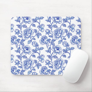 Blue and White Chinoiserie Rose Peony Mouse Pad