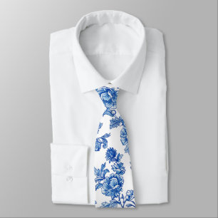 Blue and White Chinoiserie Rose Peony Tie