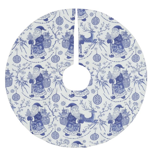 Blue and White Chinoiserie Santa Christmas Brushed Polyester Tree Skirt (Front)