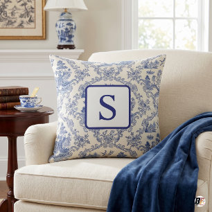 Blue and White Chinoiserie Toile Custom Monogram Throw Pillow