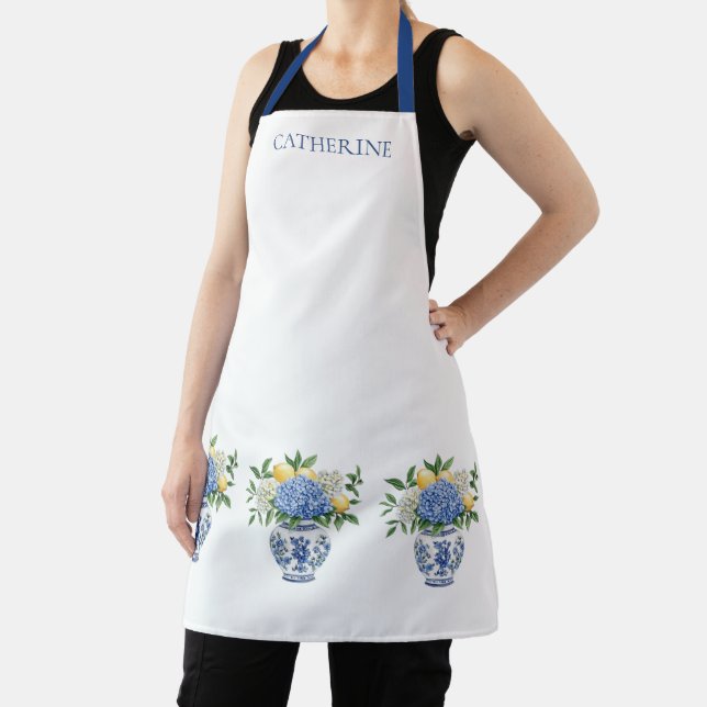 Blue and White Chinoiserie Vase With Hydrangeas Apron (Insitu)
