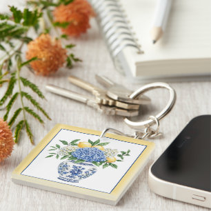 Blue and White Chinoiserie Vase With Hydrangeas Keychain