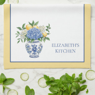 Blue and White Chinoiserie Vase With Hydrangeas Kitchen Towel