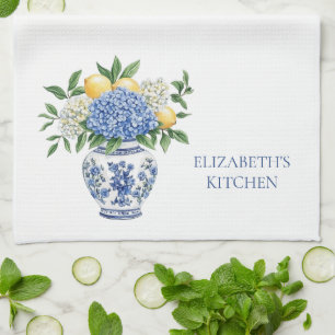 Blue and White Chinoiserie Vase With Hydrangeas Kitchen Towel