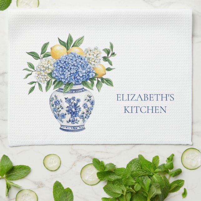 Blue and White Chinoiserie Vase With Hydrangeas Kitchen Towel (Folded)