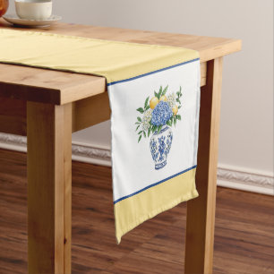 Blue and White Chinoiserie Vase With Hydrangeas Medium Table Runner