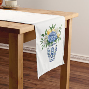 Blue and White Chinoiserie Vase With Hydrangeas Medium Table Runner