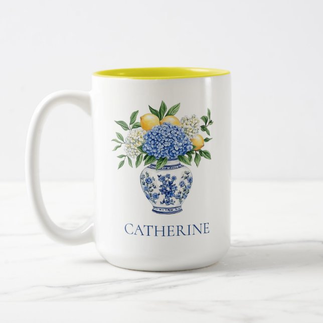 Blue and White Chinoiserie Vase With Hydrangeas Two-Tone Coffee Mug (Left)