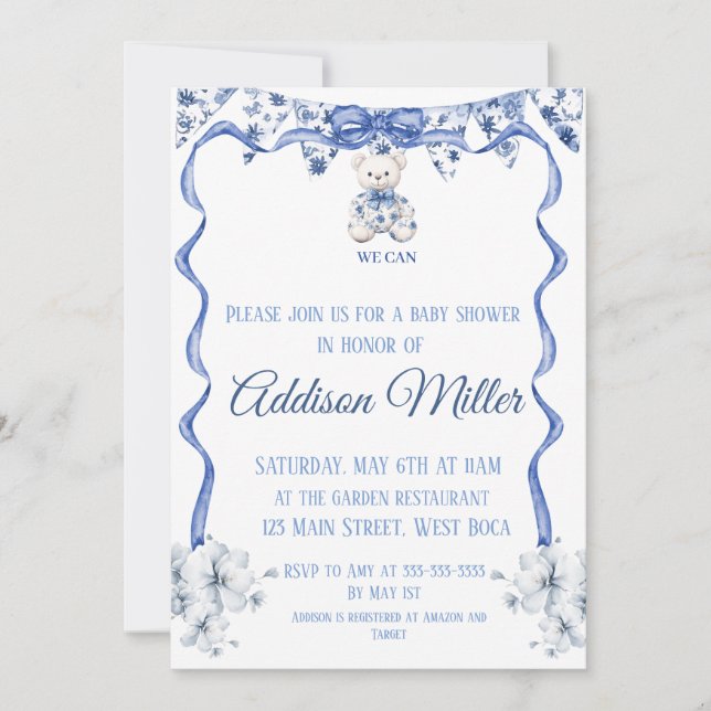Blue and white Chinoiserie , We Can Bearly Wait  Invitation (Front)