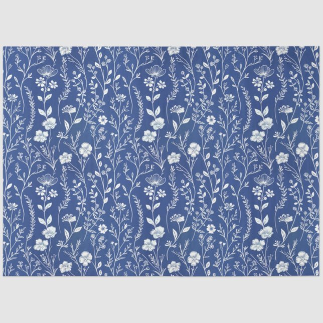 Blue and White Chinoiserie Wildflower Tissue Paper (Front)