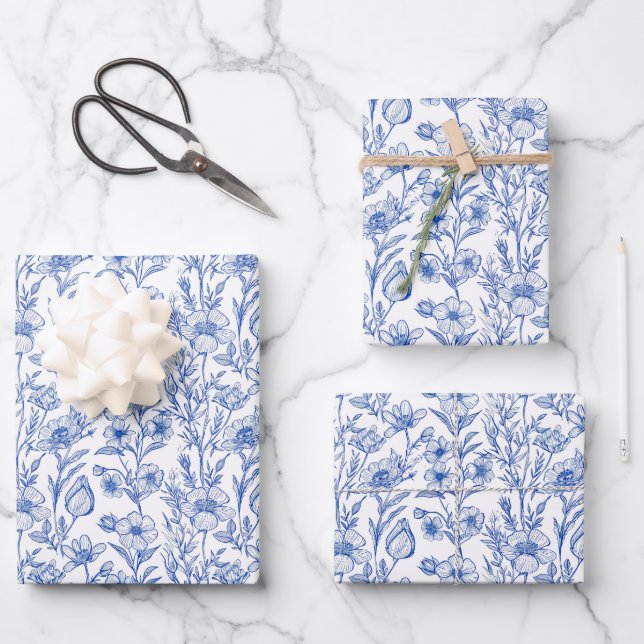 Blue and White Chinoiserie Wildflower Wrapping Paper Sheet (Front)