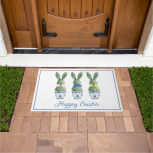 Blue and White Chinoiserie With Rabbit Topiaries Doormat