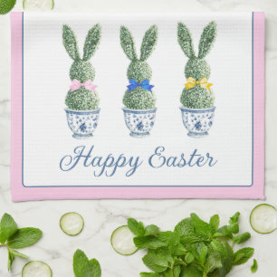 Blue and White Chinoiserie With Rabbit Topiaries Kitchen Towel