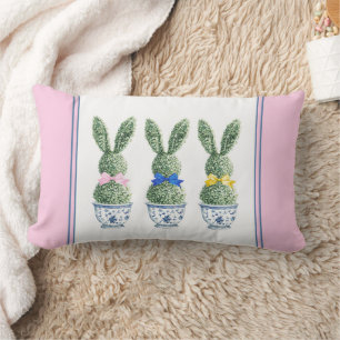 Blue and White Chinoiserie With Rabbit Topiaries Lumbar Pillow