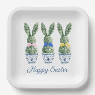 Blue and White Chinoiserie With Rabbit Topiaries Paper Plate