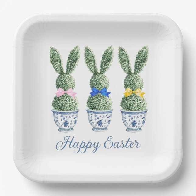 Blue and White Chinoiserie With Rabbit Topiaries Paper Plate (Front)