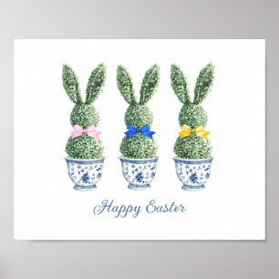 Blue and White Chinoiserie With Rabbit Topiaries Poster