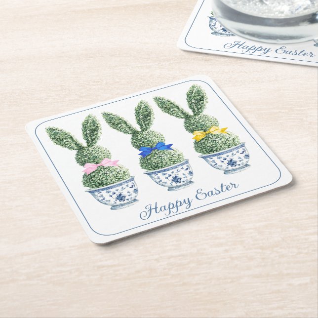 Blue and White Chinoiserie With Rabbit Topiaries Square Paper Coaster (Angled)