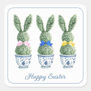 Blue and White Chinoiserie With Rabbit Topiaries Square Sticker