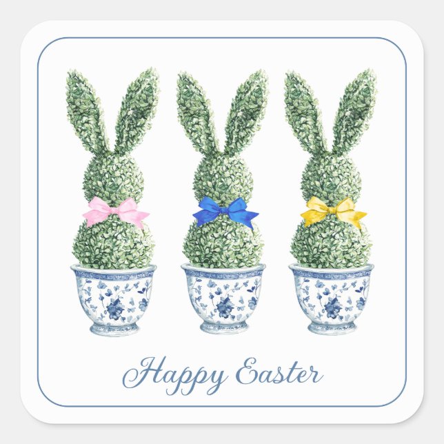 Blue and White Chinoiserie With Rabbit Topiaries Square Sticker (Front)