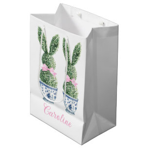 Blue and White Chinoiserie With Rabbit Topiary Medium Gift Bag
