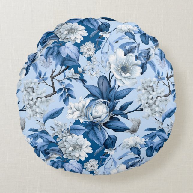 Blue and White Chinoserie Series Design 3 Round Pillow (Front)