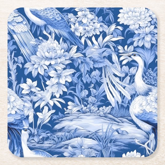 Blue and White Chinoserie Series Design 8 Square Paper Coaster (Front)