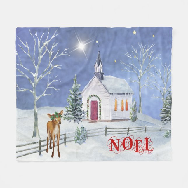 Blue and White Christmas Church Scene Blanket (Front (Horizontal))
