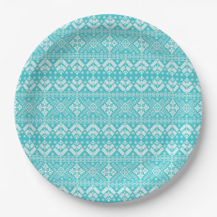 Blue and White Christmas Fair Isle Pattern Paper Plate