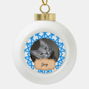 Blue and White christmas holiday Custom cat Photo  Ceramic Ball Christmas Ornament