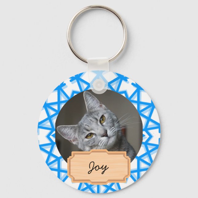 Blue and White christmas holiday Custom cat Photo  Keychain (Front)