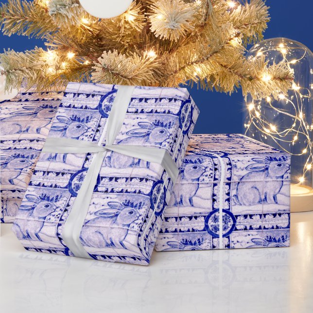 Blue and White Christmas Rabbit Wrapping Paper (Holidays)