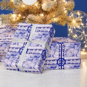 Blue and White Christmas Rabbit Wrapping Paper