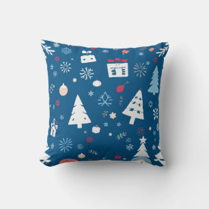 Blue and White Christmas Trees and Snowflakes Throw Pillow