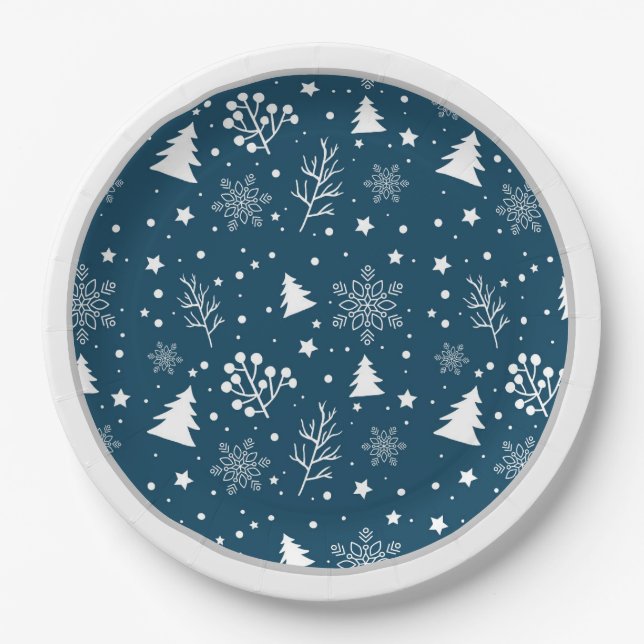 Blue and White Christmas Trees, Snowflakes Paper Plate (Front)