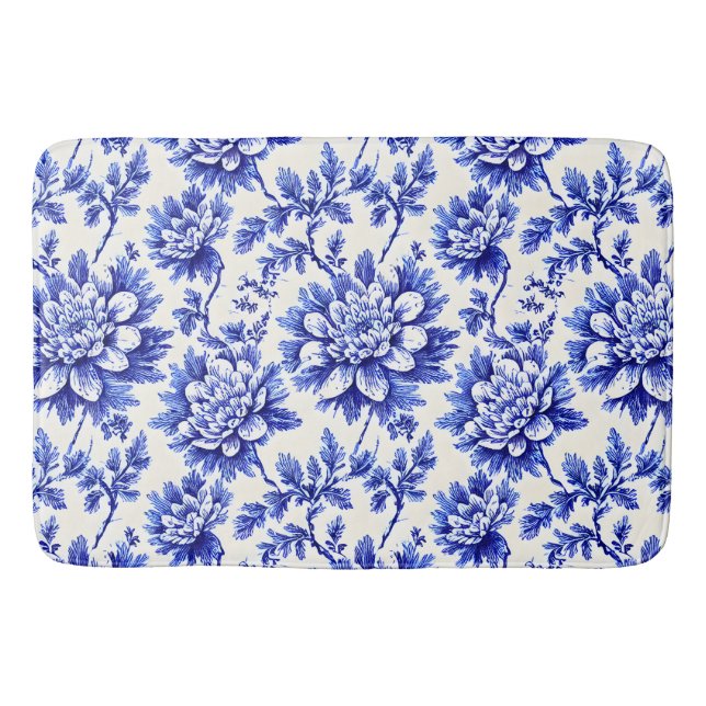 Blue and White Chrysanthemum French Country Decor Bath Mat (Front)