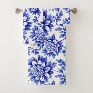 Blue and White Chrysanthemum French Country Decor Bath Towel Set