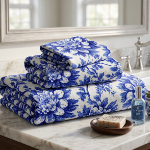 Blue and White Chrysanthemum French Country Decor Bath Towel Set