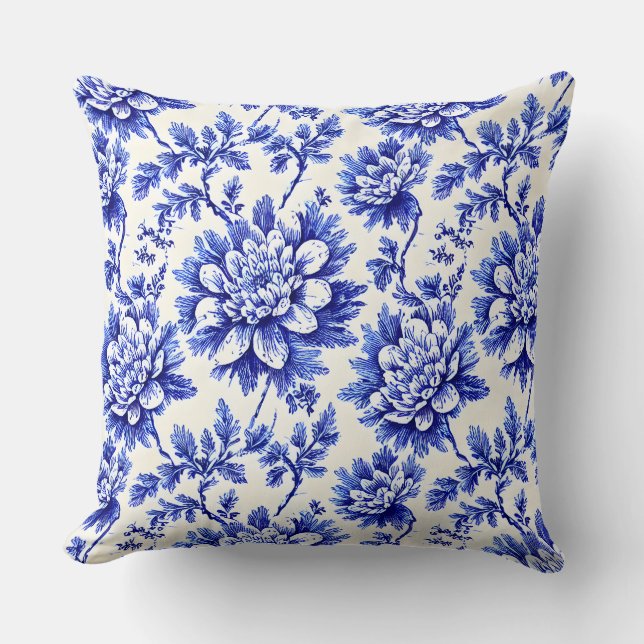 Blue and White Chrysanthemum French Country Decor Throw Pillow (Front)