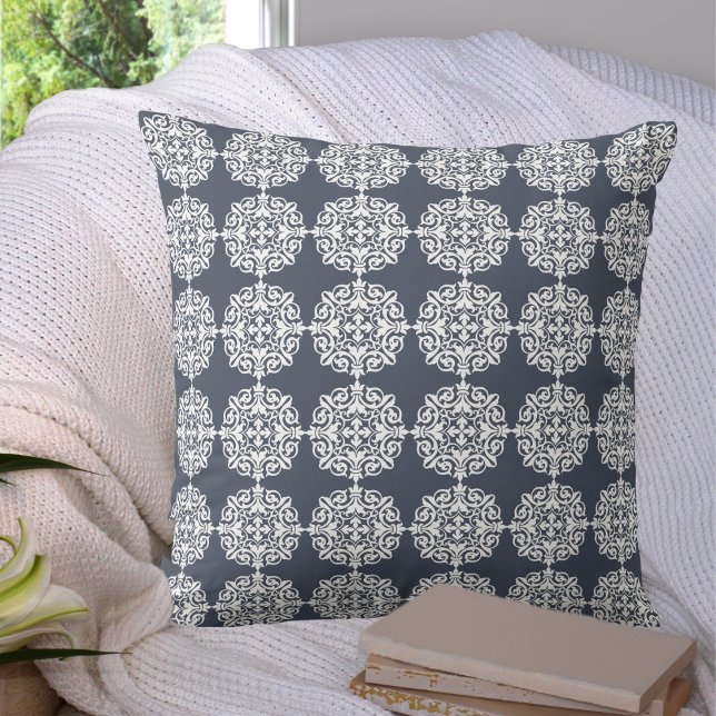 Blue and White Classic Damask Print Throw Pillow (Creator Uploaded)