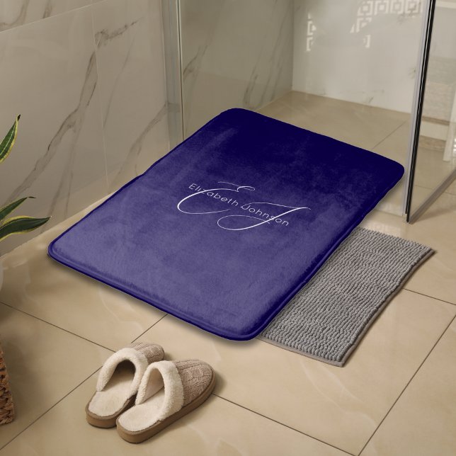 blue and white classic minimalist name customized bath mat (Creator Uploaded)