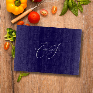 blue and white classic minimalist name customized cutting board