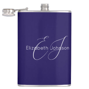 blue and white classic minimalist name customized hip flask