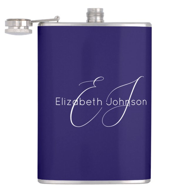 blue and white classic minimalist name customized  hip flask (Opened)