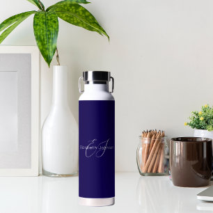 blue and white classic minimalist name customized water bottle