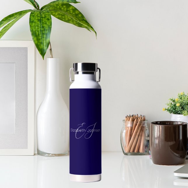 blue and white classic minimalist name customized water bottle (Creator Uploaded)