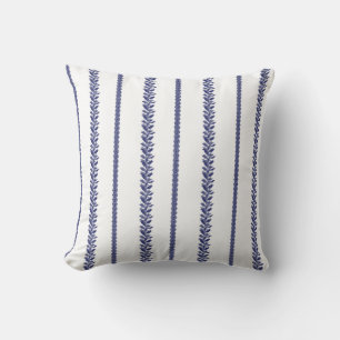 Blue and White Coastal Botanical Stripes  Throw Pillow