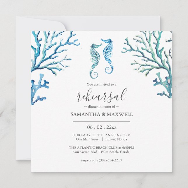 Blue and White Coastal Rehearsal Dinner Invitation (Front)