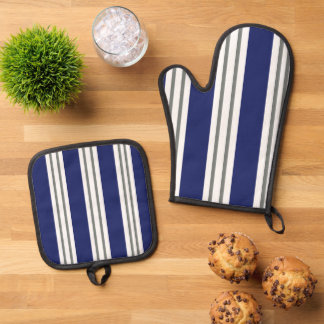 Blue and White Coastal Stripes Oven Mitt & Pot Holder Set