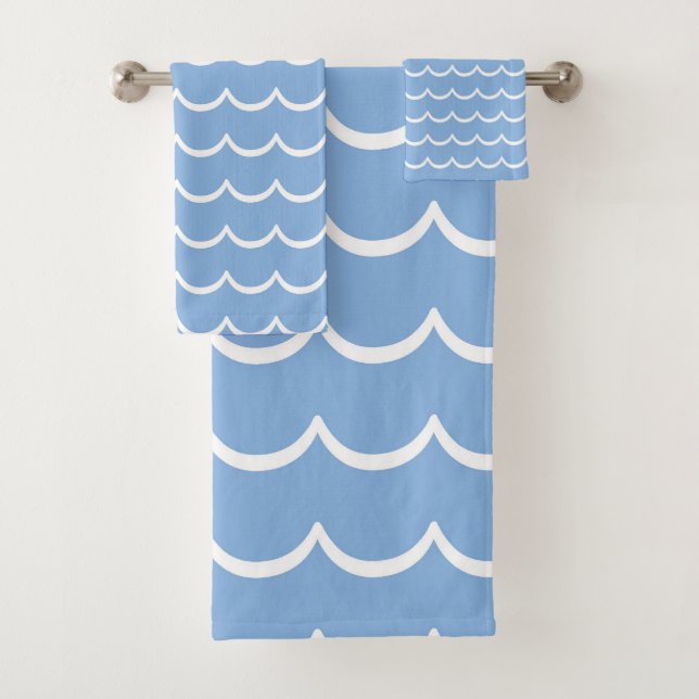 Blue and White Coastal Wave Pattern Bath Towel Set (Insitu)